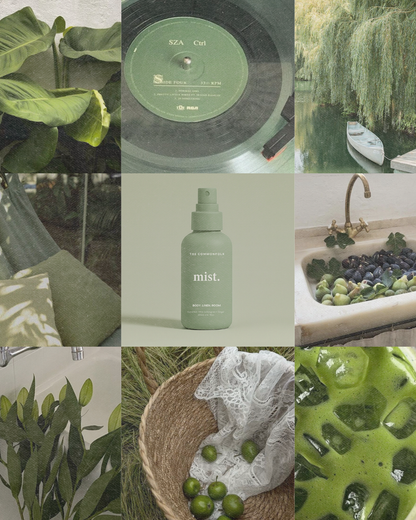Collage of green-themed images including plants, a record, a bottle labeled 'mist', and a kitchen scene.