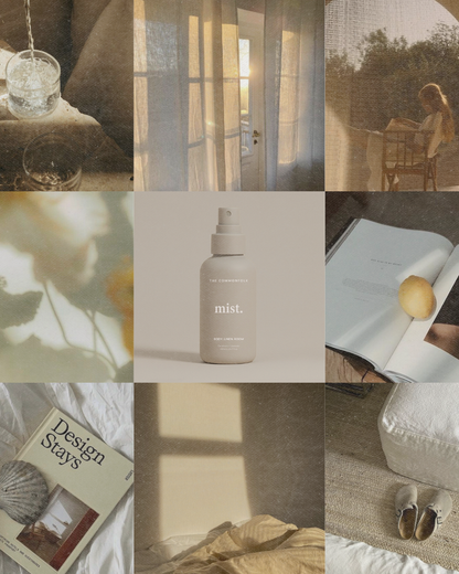 Collage of various scenes including a bottle labeled 'mist', a book, and indoor settings.