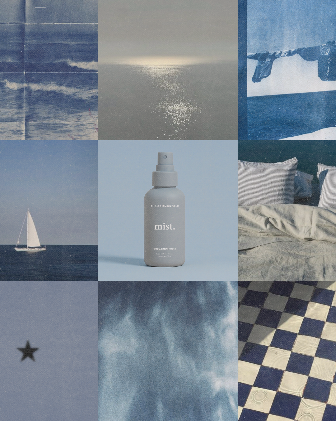 Collage of a bottle labeled 'mist.' with scenic and textured backgrounds.