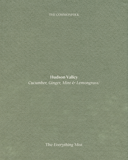 Green product packaging with text 'The Commonfolk Hudson Valley Cucumber, Ginger, Mint & Lemongrass The Everything Mist'.