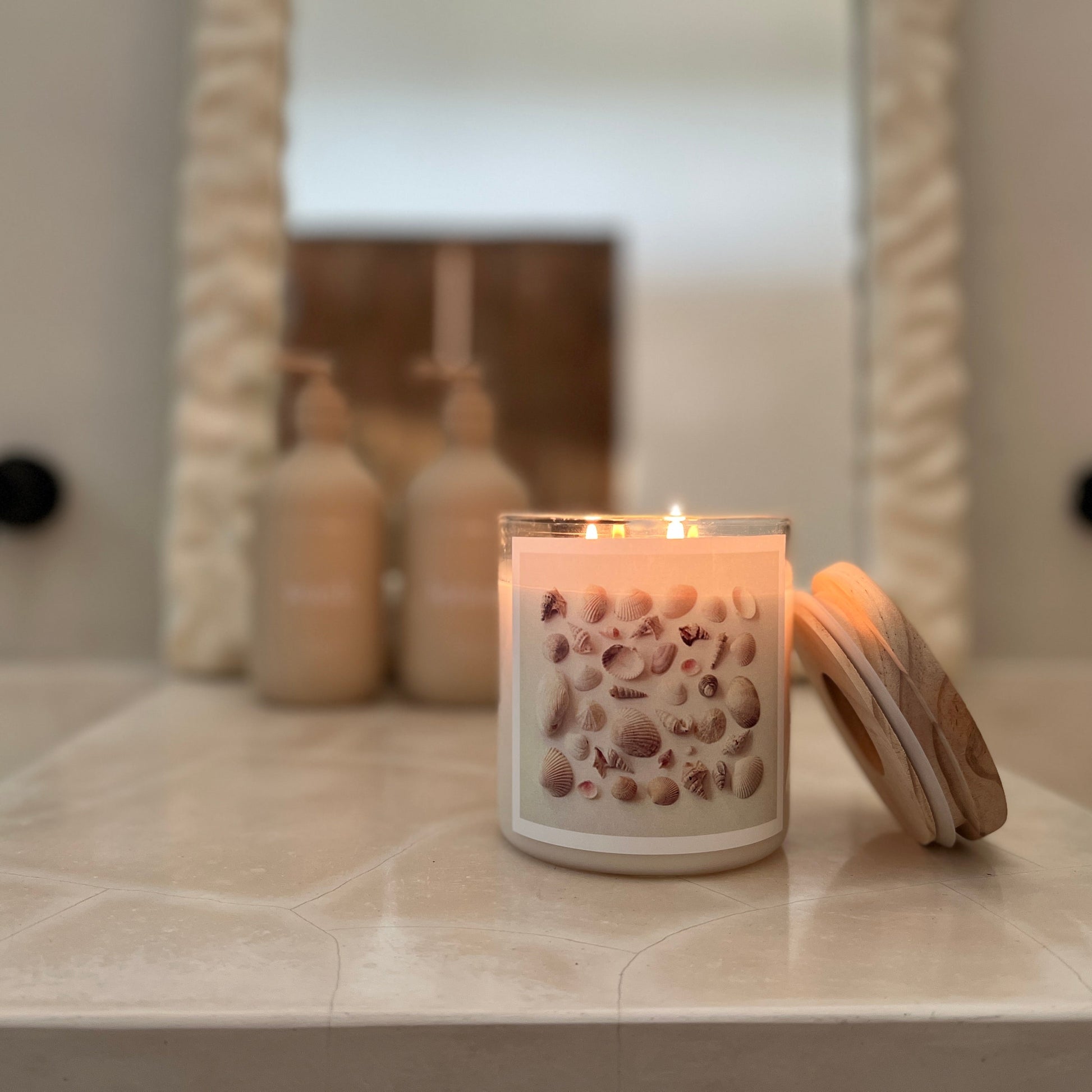 Candle with decorative cover on a bathroom counter