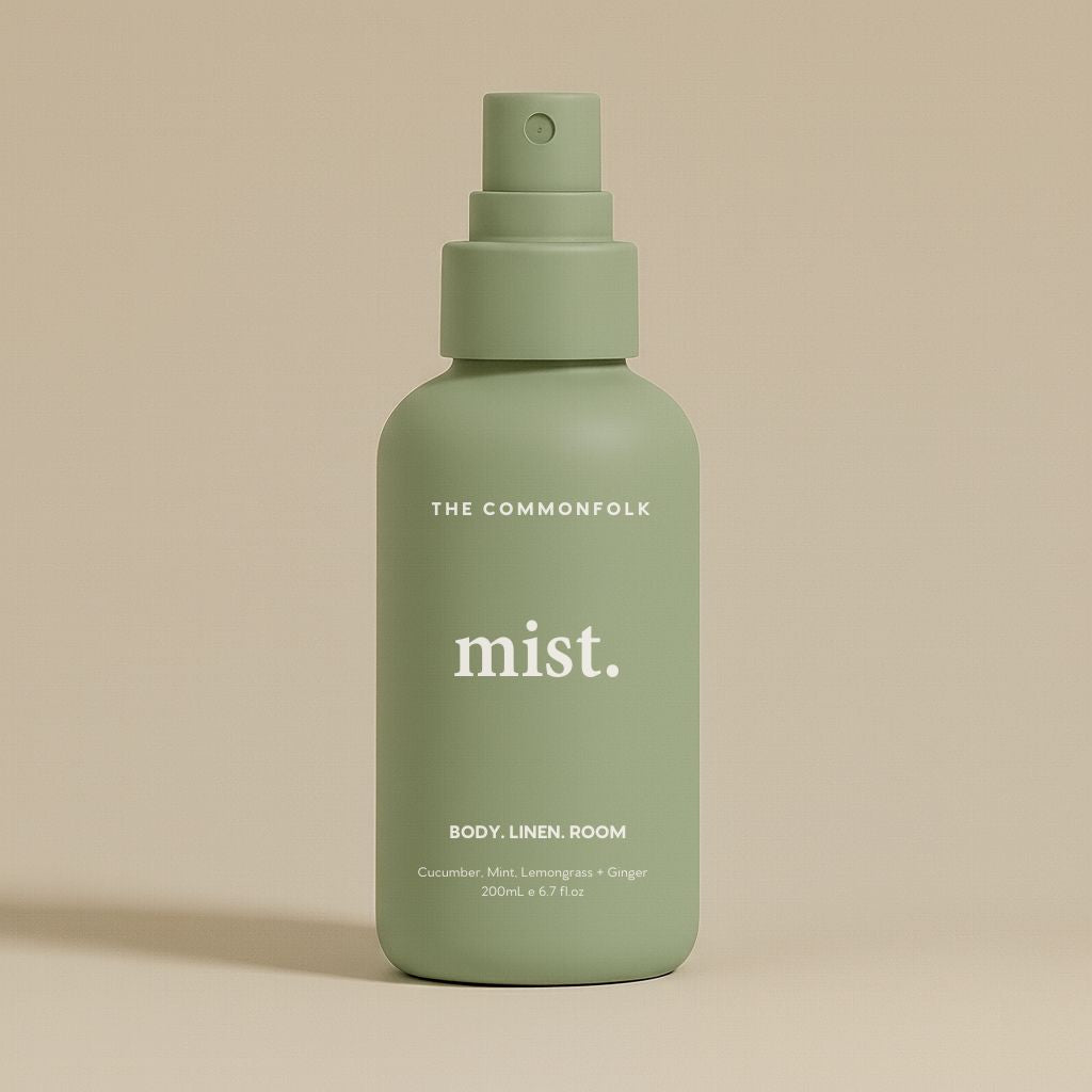 Sage bottle labeled 'mist' by The Commonfolk on a beige background