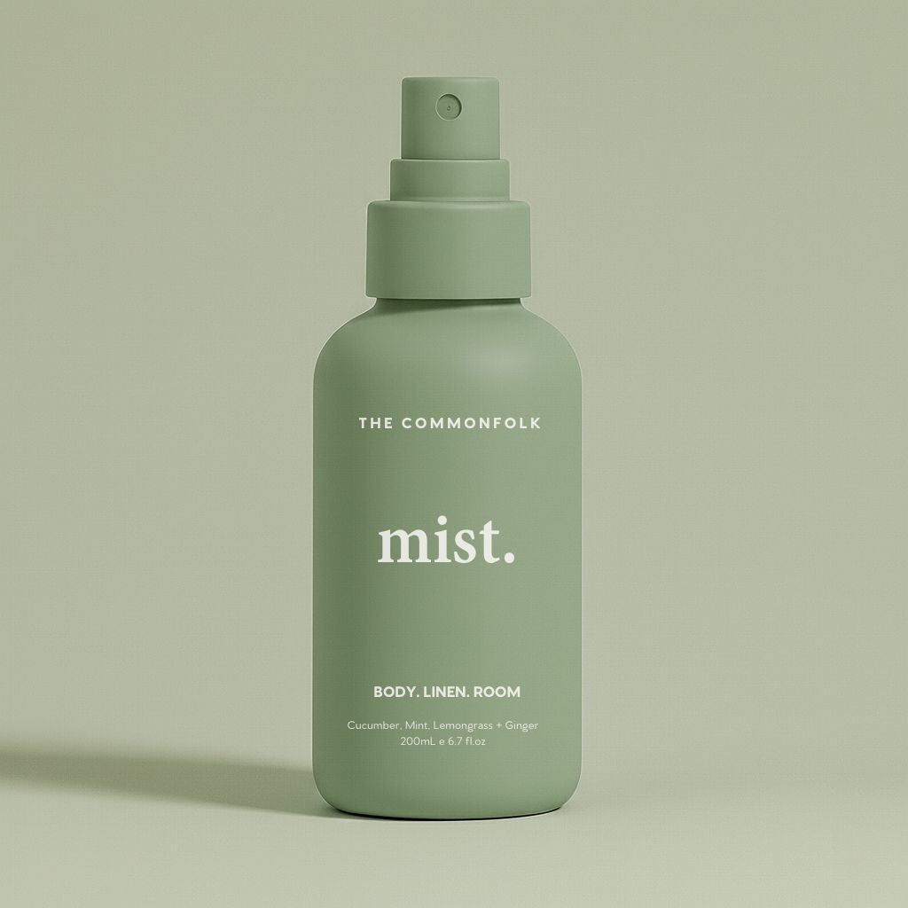 Sage spray bottle labeled 'mist' by The Commonfolk on a beige background