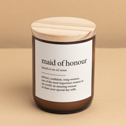 The Commonfolk scented candle has a label that defines 'maid of honour' as 'advisor, confidant, wing-woman, one of the most important women in your life, an amazing woman to share your special day with.'