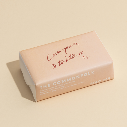 The Commonfolk 200g body bar soap with the text 'Love you to bits' on a beige label.